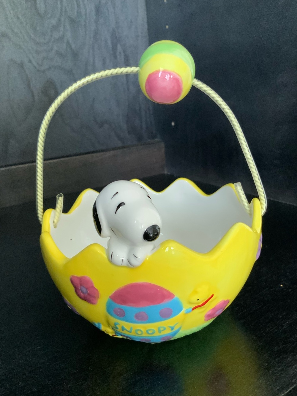 GALERIE Peanuts Snoopy Woodstock Easter Egg Basket Candy Dish Yellow Bowl Vtg